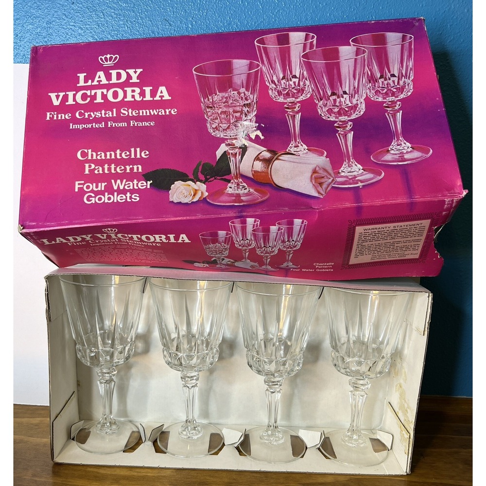 Vintage Lady Victoria Chantelle Crystal Water Goblets Set of 4 France Box #3
